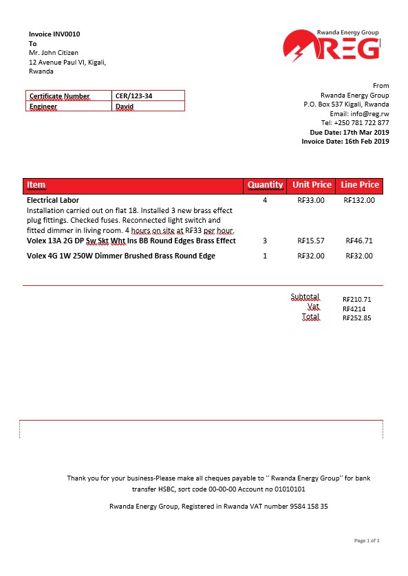 Rwanda Energy Group electricity bill in Word format